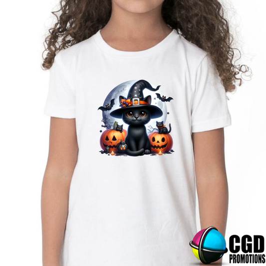 Cute Cat with Witch Hat Pumpkins & Moon Halloween Kids Printed Shirt