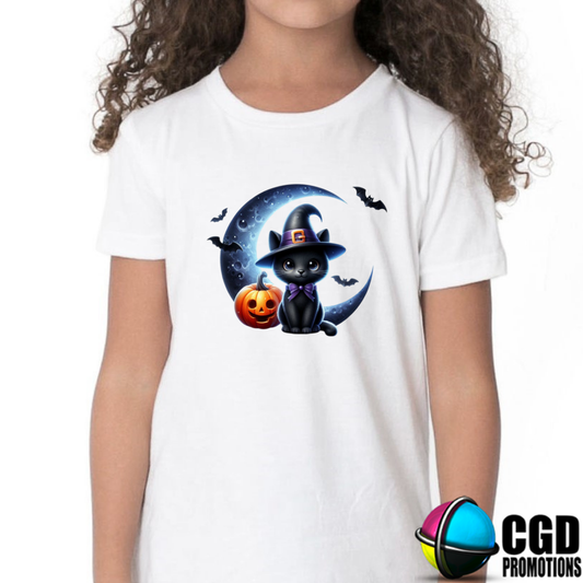 Cute Cat with Witch Purple Hat Pumpkins & Moon Halloween Kids Printed Shirt