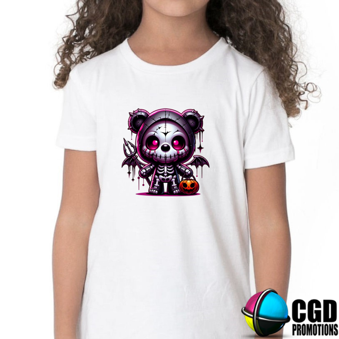 Cute Skeleton in Bear Suit for Fork & Pumpkin Halloween Matching T-shirts Adult & Kids Printed Shirt - Unisex, Ladies Fitted & Kids