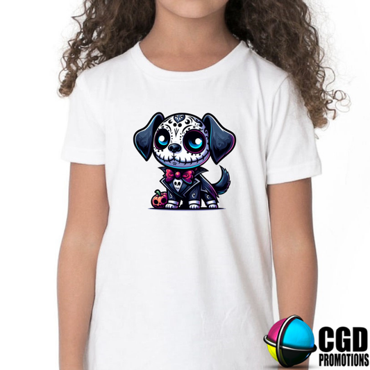 Cute Zombie Sugar Skull Designed Male Dog with Pumpkin - Halloween Matching T-shirts Adult & Kids Printed Shirt - Unisex, Ladies Fitted & Kids