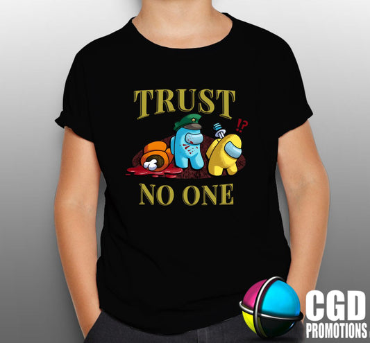 Trust No One Among Us Shirt - Gaming Printed Shirt - Matching Unisex, Ladies Fitted & Kids blue imposter yellow among us bones and body