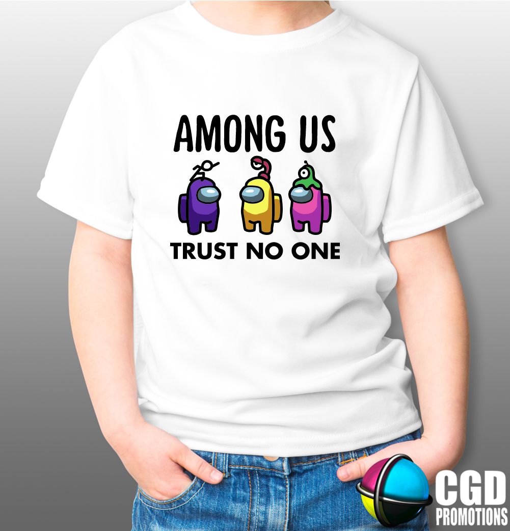 Among Us Trust No One Shirt - Gaming Printed Shirt - Matching Unisex, Ladies Fitted & Kids purple yellow and pink among us charracters imposter