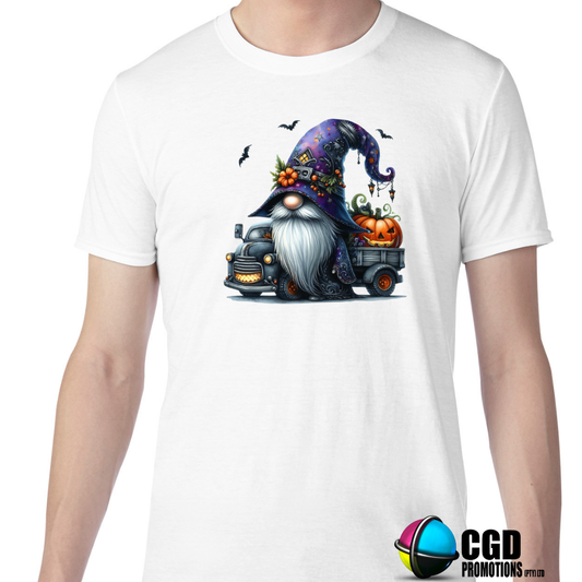 Gnome with a Purple Hat, Flowers and Pumpkin Halloween T-shirts Adult Printed Shirt - Unisex & Ladies Fitted 