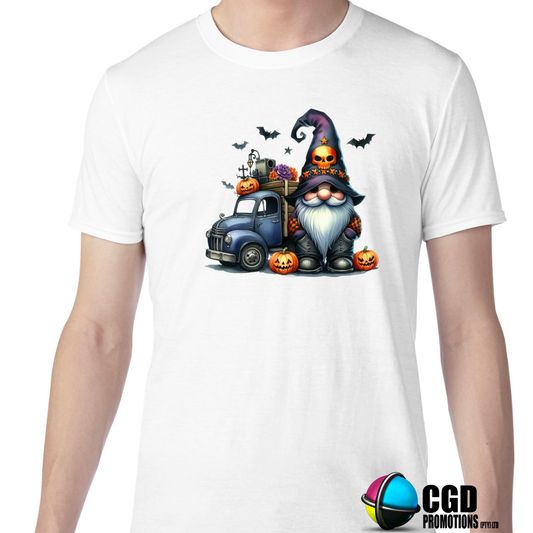 Gnome with a Purple Hat & Orange Skull, Truck and Pumpkin Halloween T-shirts Adult Printed Shirt - Unisex & Ladies Fitted
