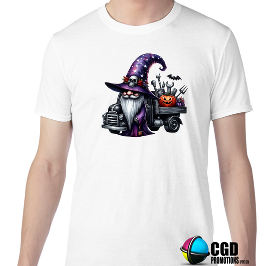 Gnome with a Purple Hat, Skull, Pitch Forks and Pumpkin Halloween T-shirts Adult Printed Shirt - Unisex & Ladies Fitted