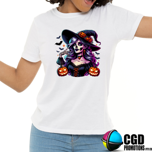 Goth Witch Skeleton with Vintage Dress &Pumpkins - Halloween T-shirts Adult Printed Shirt - Men's Unisex, Ladies Fitted