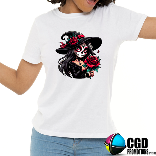 Goth Witch SugarSkull with Red Roses - Halloween T-shirts Adult Printed Shirt - Men's Unisex, Ladies Fitted