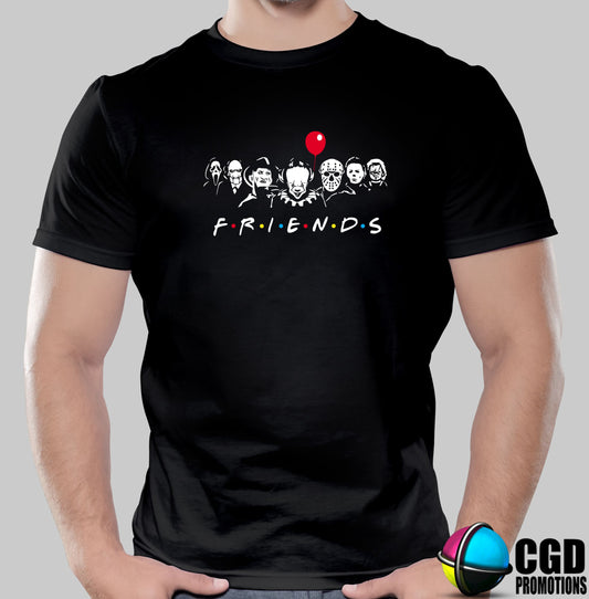 Horror Serial Killer Friends black and white with a red balloon -  ghostface jigsaw freddy kruger pennywise jason michael myers chucky Halloween T-shirts Adult Printed Shirt - Men's Unisex, Ladies Fitted 