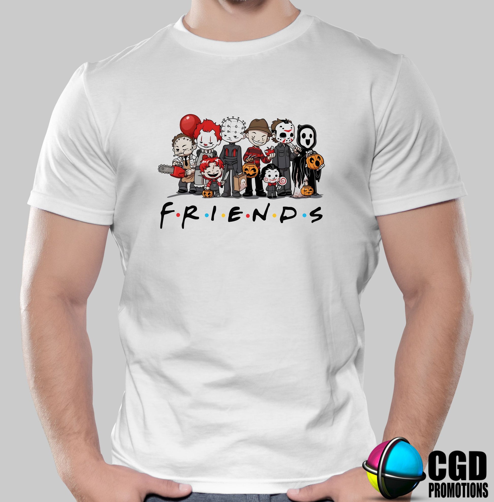 Horror Serial Killer Friends Pennywise Pinhead Leatherface Chucky Jigsaw Jason Ghostface Freddy Kruger  - Halloween T-shirts Adult Printed Shirt - Men's Unisex, Ladies Fitted 