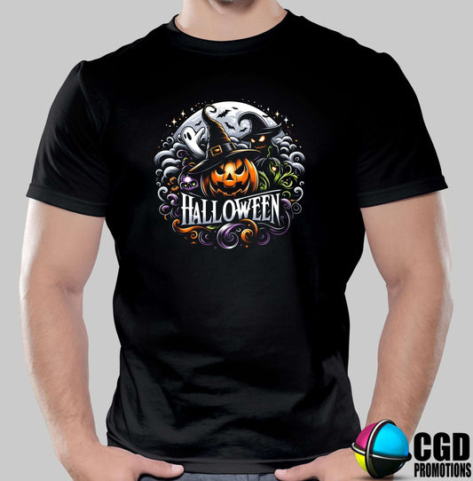 Creepy Halloween Pumpkin with witch hat and ghost - Halloween T-shirts Adult Printed Shirt - Men's Unisex, Ladies Fitted 