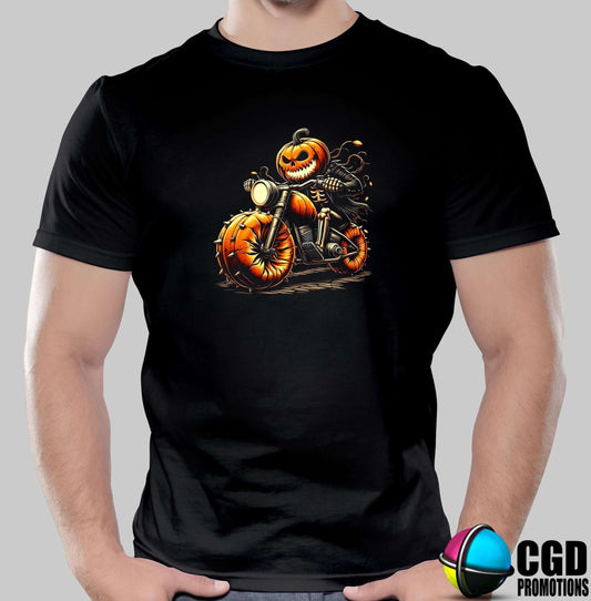 Ghost Rider Skeleton Pumpkin on Bike - Halloween T-shirts Adult Printed Shirt - Men's Unisex, Ladies Fitted