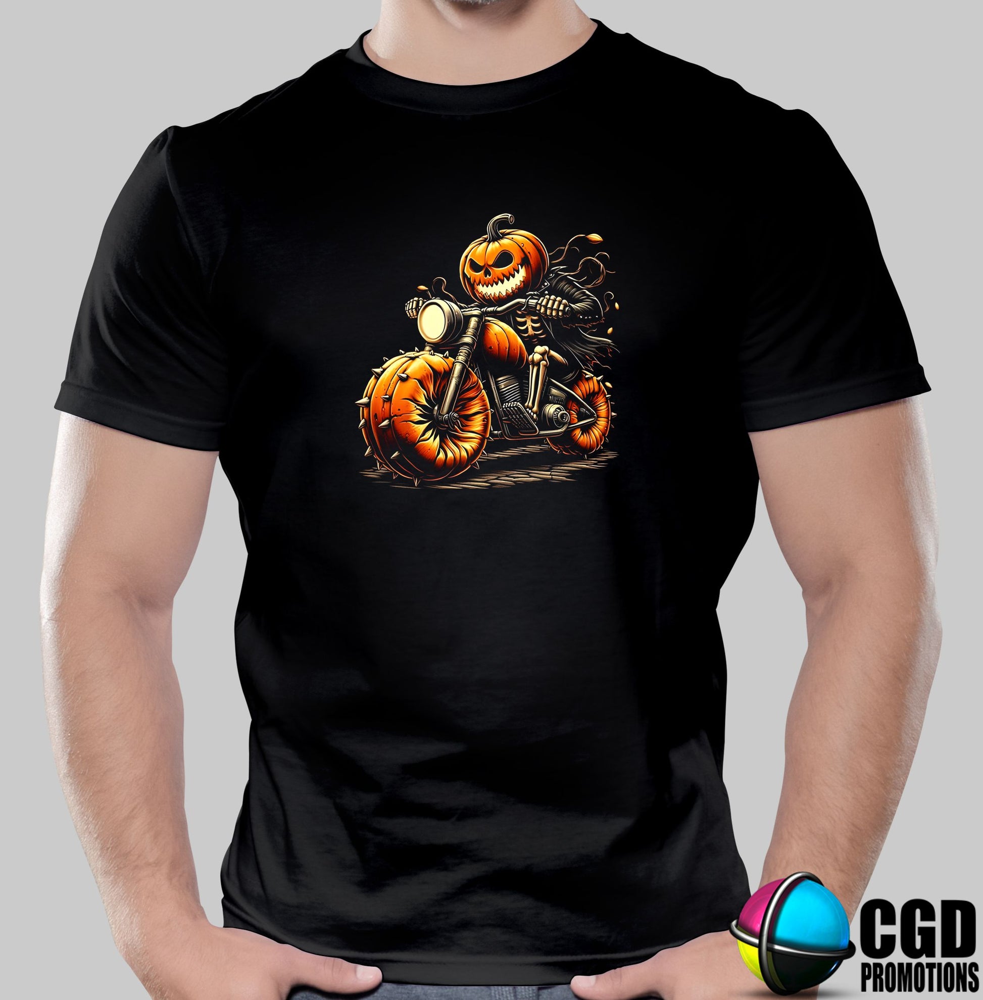 Ghost Rider Skeleton Pumpkin on Bike - Halloween T-shirts Adult Printed Shirt - Men's Unisex, Ladies Fitted