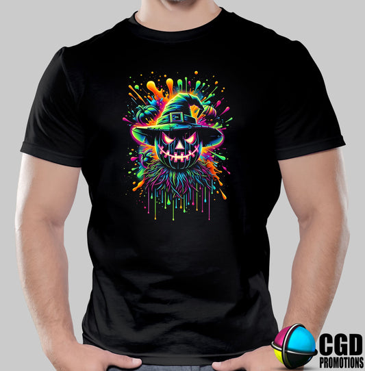 Colourful Horror Scarecrow with Witch hat - Halloween T-shirts Adult Printed Shirt - Men's Unisex, Ladies Fitted 