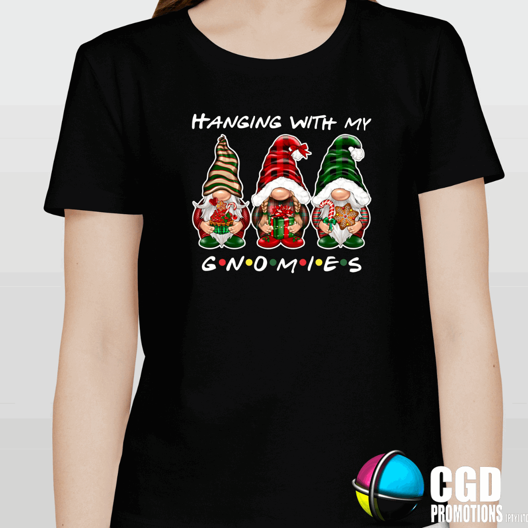 “Family wearing Hanging With My Gnomes Christmas matching shirts – unisex, ladies fitted & kids sizes – festive Christmas gnomes design”
