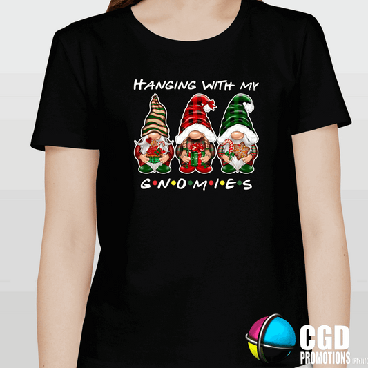“Family wearing Hanging With My Gnomes Christmas matching shirts – unisex, ladies fitted & kids sizes – festive Christmas gnomes design”