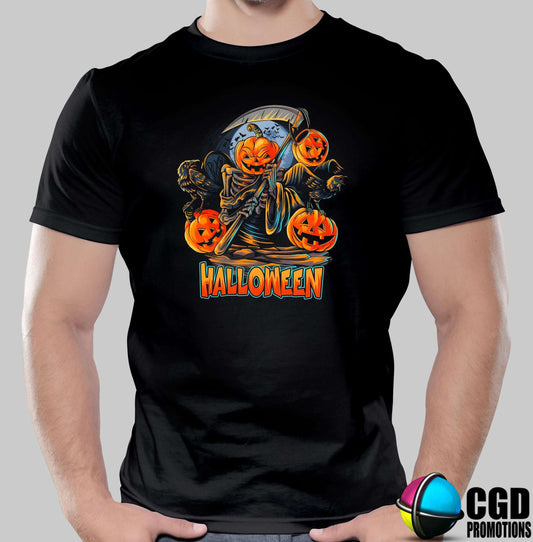 Horror Skeleton Grimm Reaper with sickle and pumpkins - Halloween T-shirts Adult Printed Shirt - Men's Unisex, Ladies Fitted (Copy)