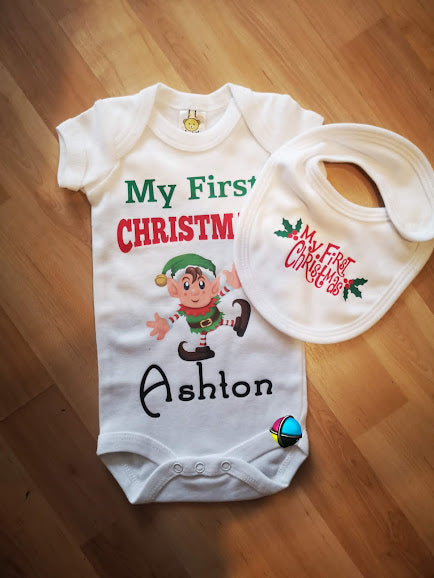 My First Christmas Character Christmas Printed Baby Grow & Matching Merry Christmas Bib