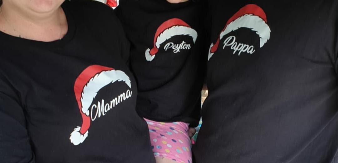 Santa Hat Christmas Family of 4 Christmas Matching Printed Shirts (2 kiddies T-Shirt Option)