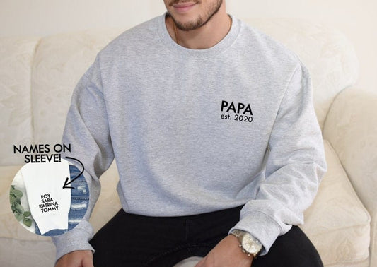 Dad / Papa [NAME] Est Pocket Print Personalised with Children Names on Sleeve & Heart Unisex Father's Day Printed Hoodie / Sweater Gift for Dad / Grandpa