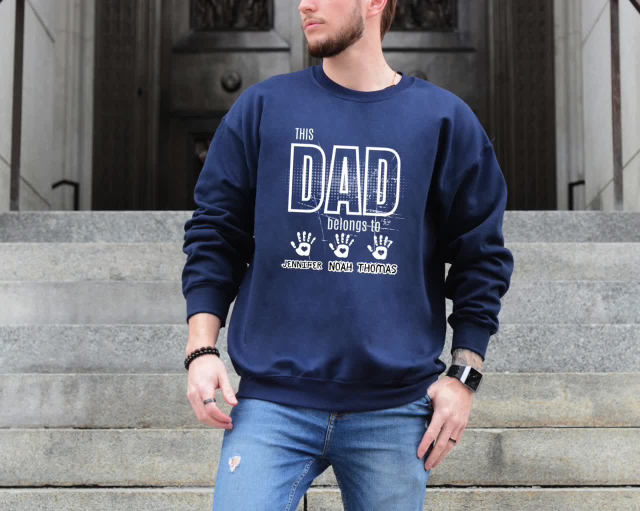 Dad Est Block Letters Personalised with Children & Handprints Names Unisex Father's Day Printed Hoodie / Sweater Gift for Dad