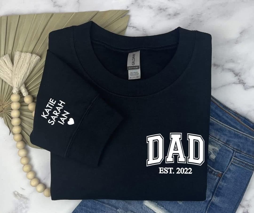 Dad Est Block Letters Pocket Print Children Names on Sleeve & Heart Unisex Father's Day Printed Hoodie / Sweater Gift for Dad