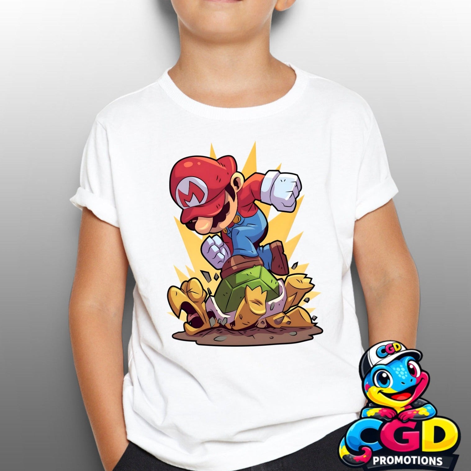 Super Mario printed T-shirt gaming adventure action scene design