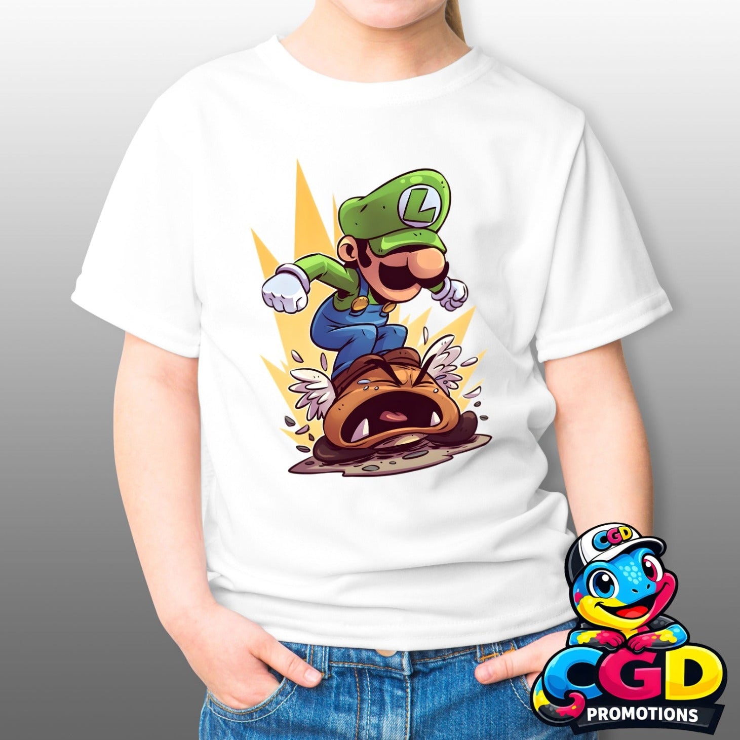 Luigi Super Mario inspired printed T-shirt gaming action stomping scene design