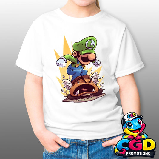 Luigi Super Mario inspired printed T-shirt gaming action stomping scene design
