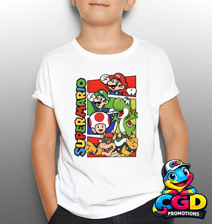 Super Mario and team printed T-shirt featuring Mario, Luigi, Princess Peach, Toad, Yoshi and Bowser adventure design.