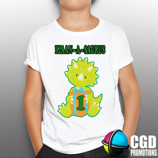 Dino Saurus birthday shirt front design detail kids dinosaur print T-shirt