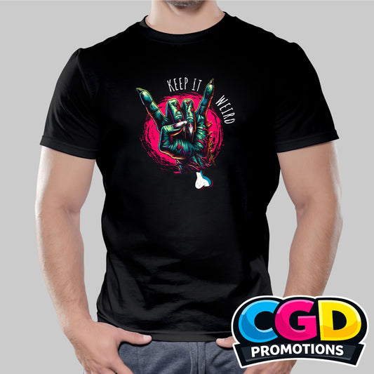 Keep It Weird printed T-shirt featuring a zombie graphic making a heavy metal hand sign