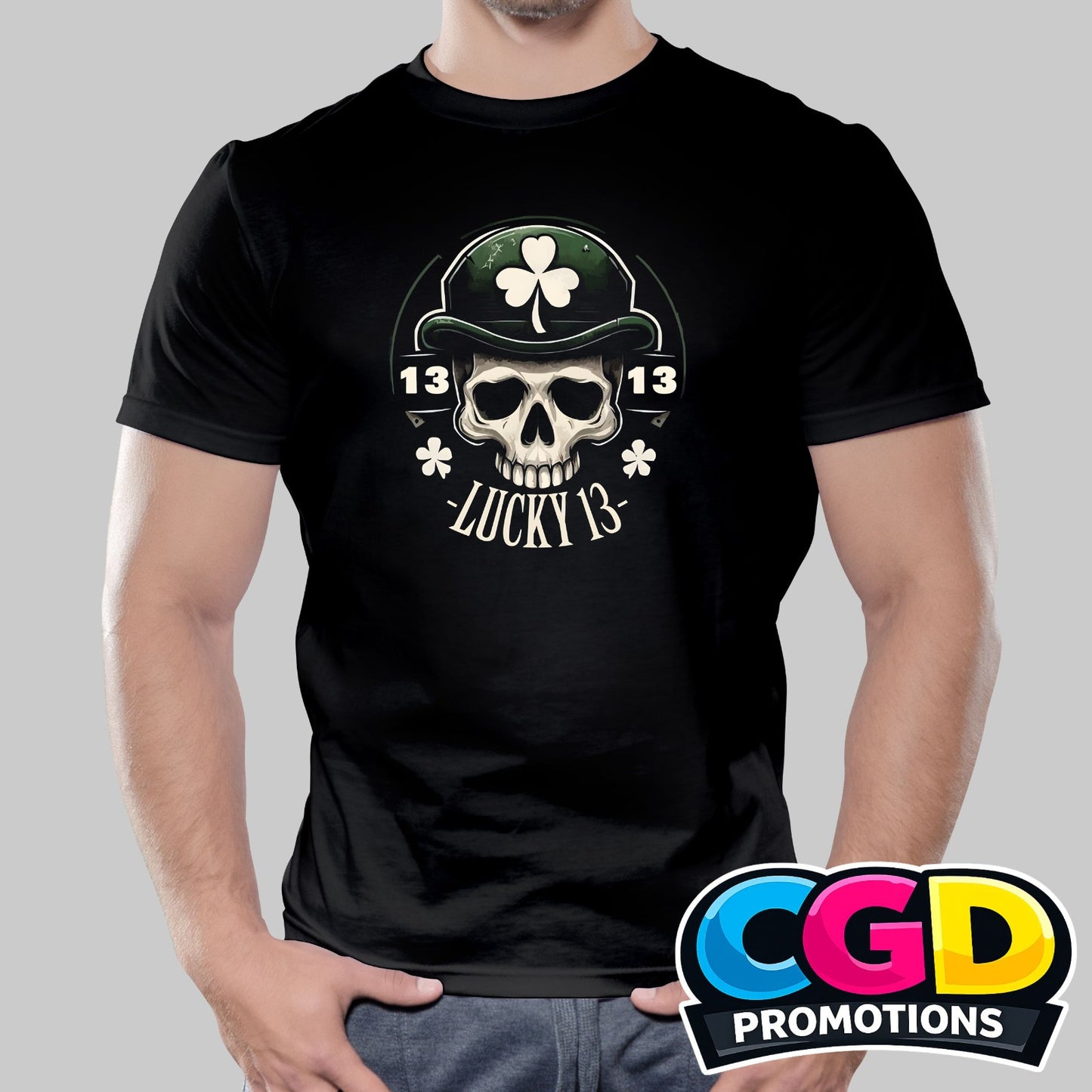 Lucky 13 printed T-shirt featuring a vintage skull graphic wearing a green hat
