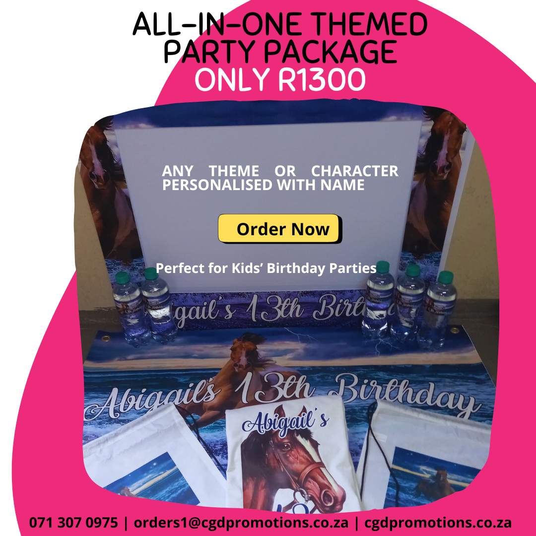 Teen birthday party package with personalised banner, custom shirt, drawstring bags and drinks