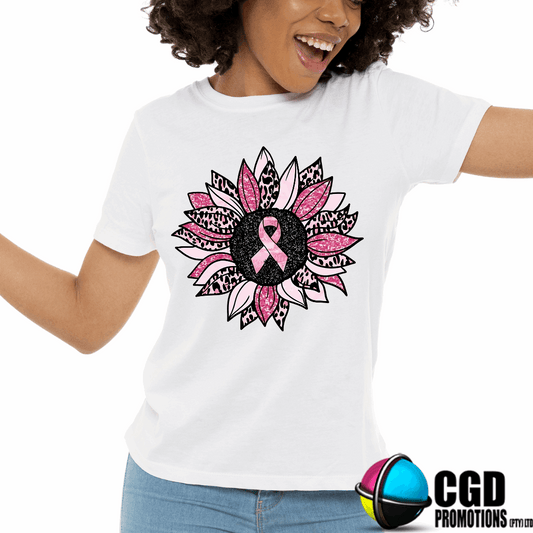 “Breast Cancer Awareness t-shirt with flower pink and leopard print ribbon – unisex and women’s sizes South Africa”