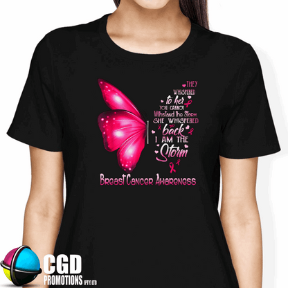 “I Am the Storm breast cancer awareness t-shirt with half butterfly design – unisex and women’s sizes South Africa”