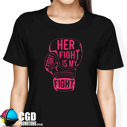 “Front view of Her Fight is My Fight tee – locally printed by CGD Promotions”
