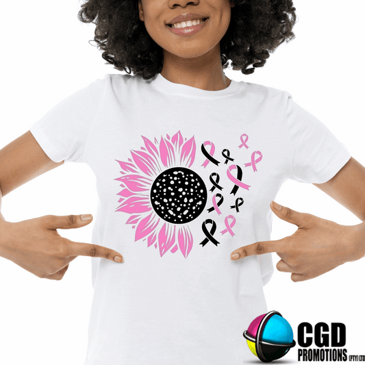 “Breast Cancer Awareness t-shirt with flower half and pink/black ribbons – unisex and women’s sizes South Africa”