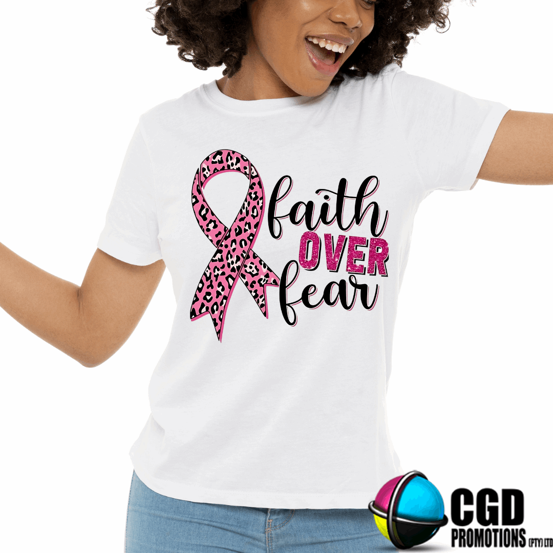 “Faith Over Fear breast cancer awareness t-shirt with pink ribbon – unisex and women’s sizes South Africa”