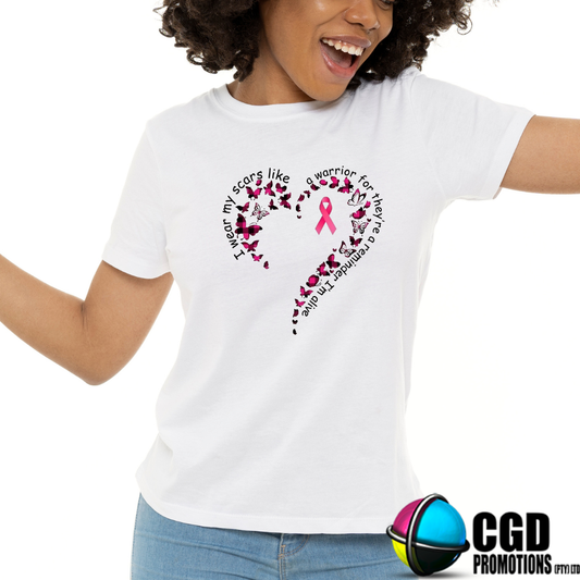 “I Wear My Scars Like a Warrior breast cancer awareness t-shirt – heart, butterflies, and pink ribbon – unisex and women’s sizes South Africa”