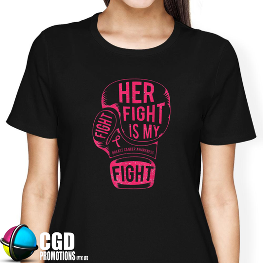 “Front view of Her Fight is My Fight tee – locally printed by CGD Promotions”