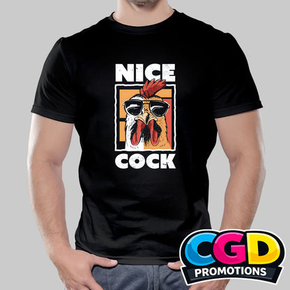 Nice Cock printed T-shirt featuring a funny rooster wearing sunglasses with a humorous slogan