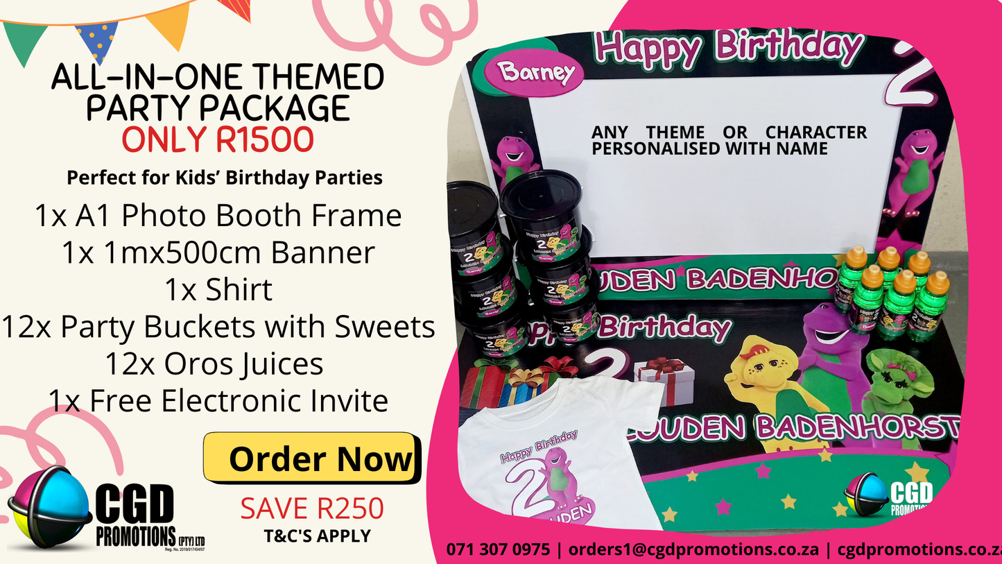 All-inclusive themed kids birthday party package with personalised photo booth frame, banner, party buckets, juices and custom shirt