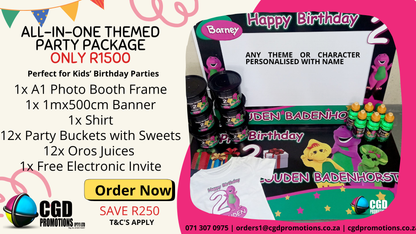 All-inclusive themed kids birthday party package with personalised photo booth frame, banner, party buckets, juices and custom shirt