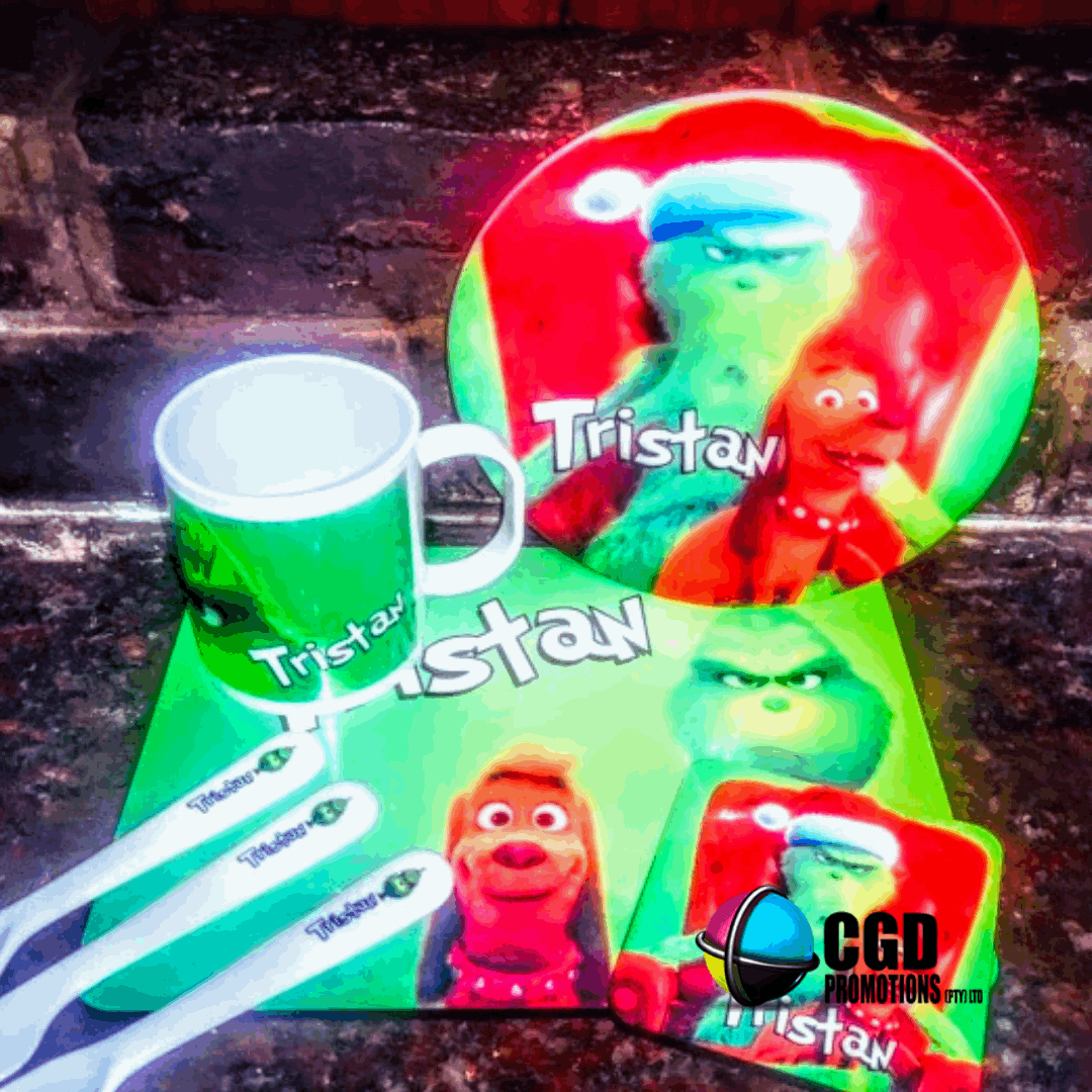Personalized Grinch Christmas Kids Dinner Set with Wooden Placemat & Coaster

