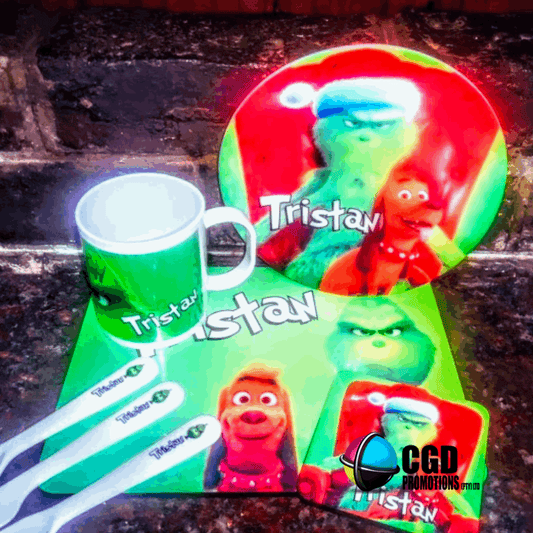 Personalized Grinch Christmas Kids Dinner Set with Wooden Placemat & Coaster

