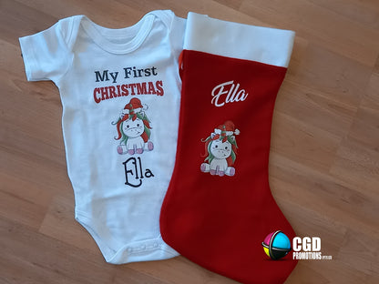 My First Christmas Character Christmas Printed Baby Grow & Matching Felt Stocking