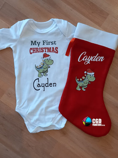 My First Christmas Character Christmas Printed Baby Grow & Matching Felt Stocking