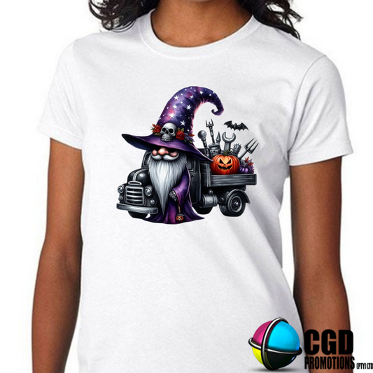 Purple Halloween Gnome with Skull Hat with Pumpkin & Truck Halloween T-shirts Adult Printed Shirt - Unisex & Ladies Fitted
