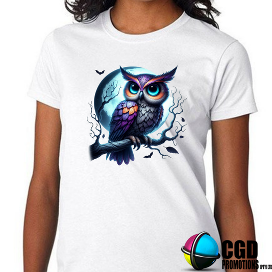 Purple Owl with Moon Background Halloween T-shirts Adult Printed Shirt - Unisex & Ladies Fitted