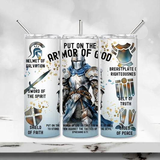 Put on the Amor of God Male Soldier Tumbler – Christian Father's Day Gift for Dad (Faith-Based) helmet of salvation sword of the spirit shield of faith breatplate of righteousness belt of truth shoes of peach Ephesians 6:11